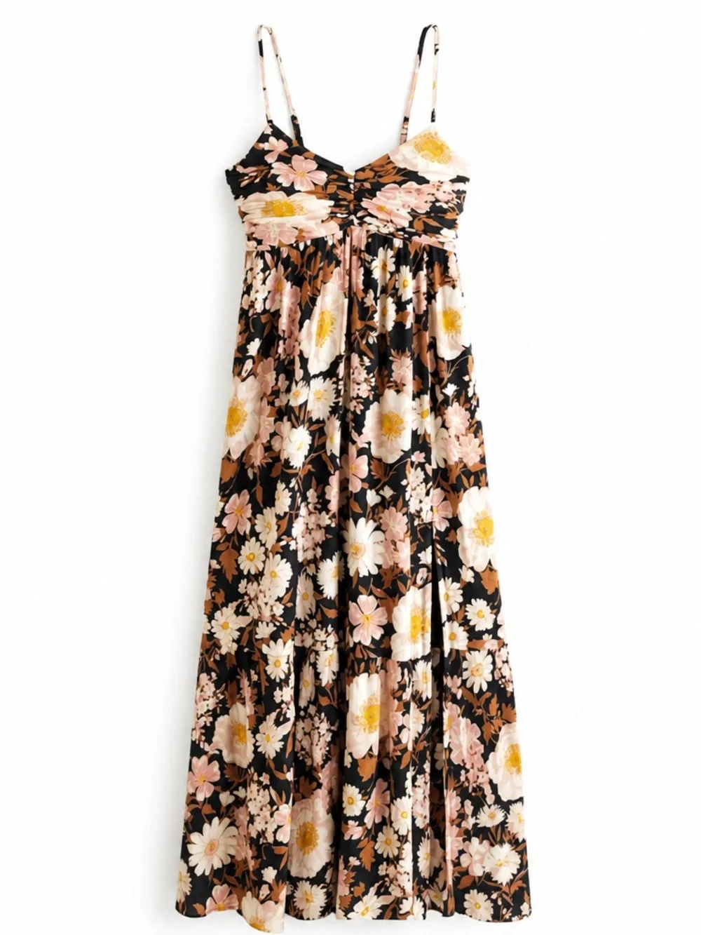 Abercrombie & Fitch Crinkle Textured Ruched Black Floral Maxi Dress - Size LT